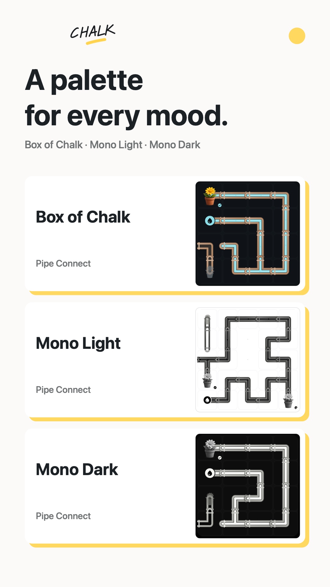 The same maze shown in Box of Chalk, Mono Light and Mono Dark themes.